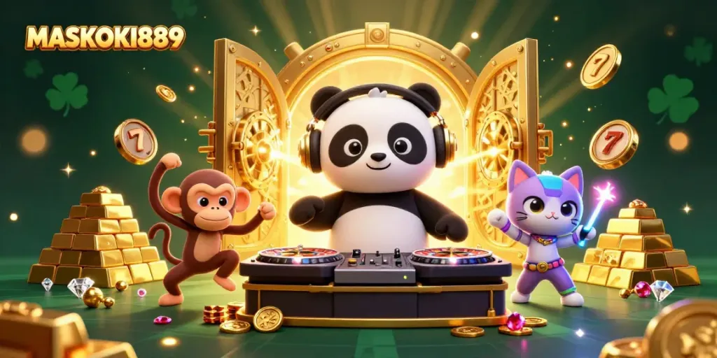 Engage with MASKOKI889 in a fun 3D scene featuring a DJ panda, monkey, and kitten surrounded by casino treasures.