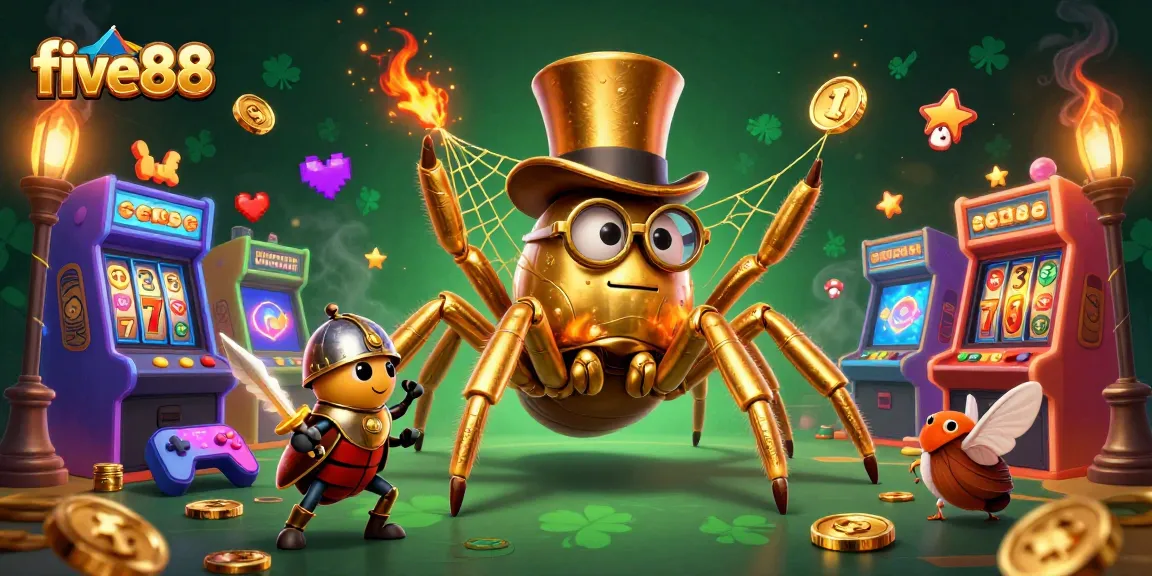 Engage in thrilling slot gameplay at five88, illustrated with vibrant casino-themed characters.