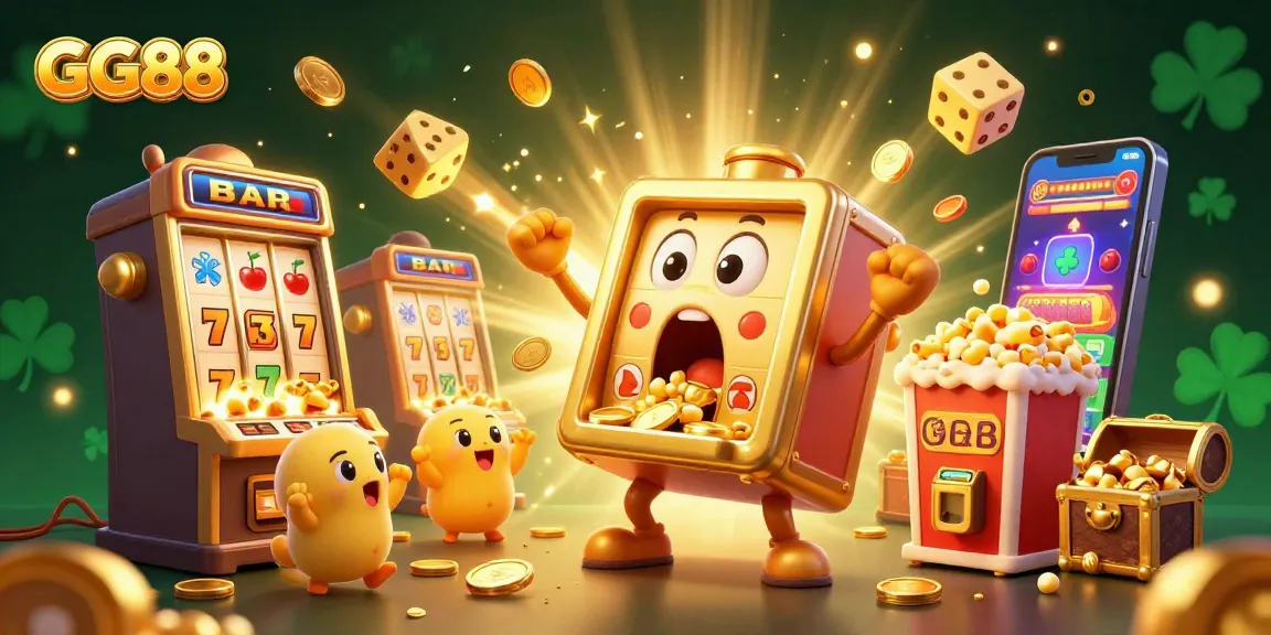Win big at GG88 with a winning slot machine smiling as coins pour from it.
