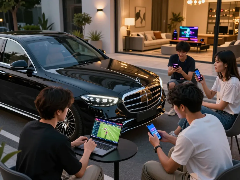 Friends discussing sports betting strategies on smartphones at vegasslot77, luxurious car rental in the background.