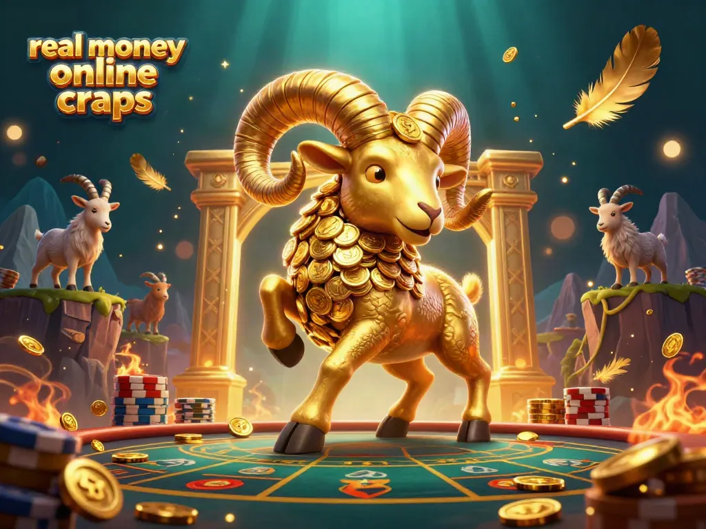 Experience real money online craps with a dynamic casino illustration featuring a golden ram charging through a flashy craps table.
