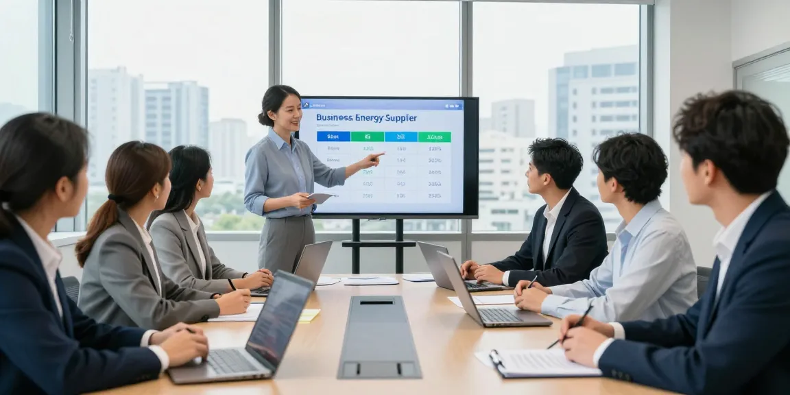 Team engaged in a meeting to switch business energy supplier, discussing energy rates and strategies in a modern office.
