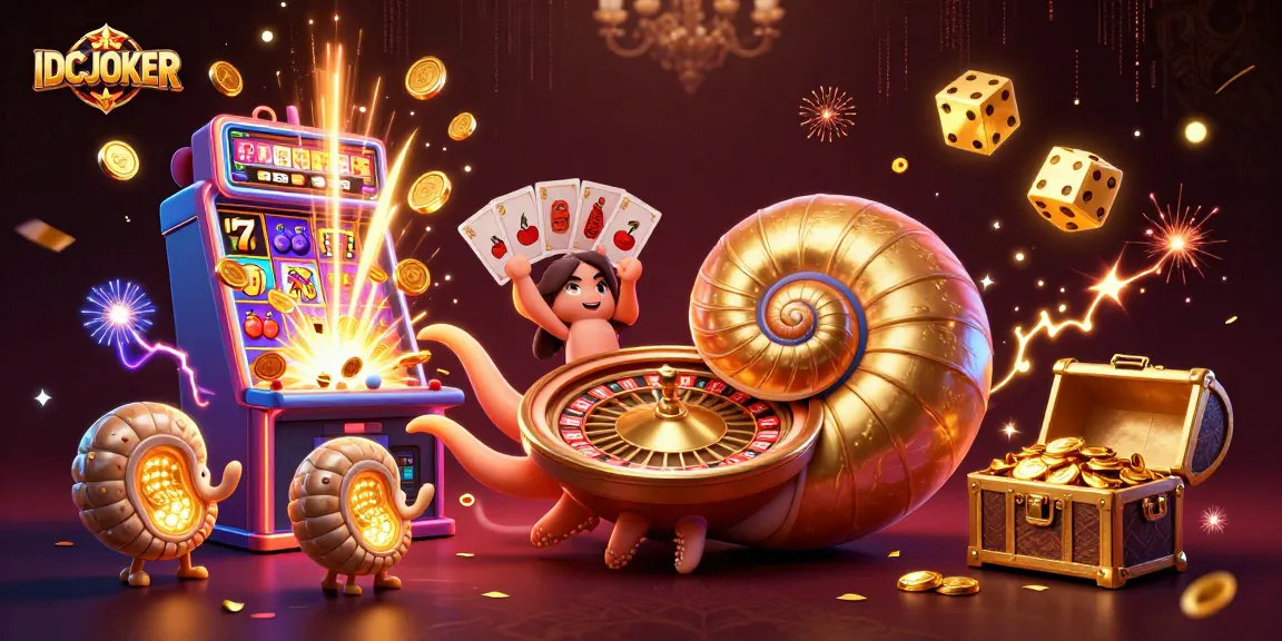 Experience thrilling wins at IDCJOKER with a vibrant casino scene, featuring our iconic golden nautilus.