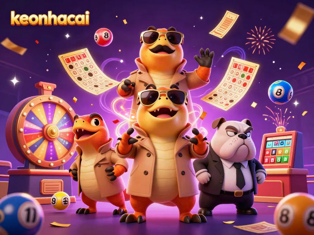 Join the excitement with keonhacai as raptors sneak into a VIP casino lounge with colorful lottery elements.