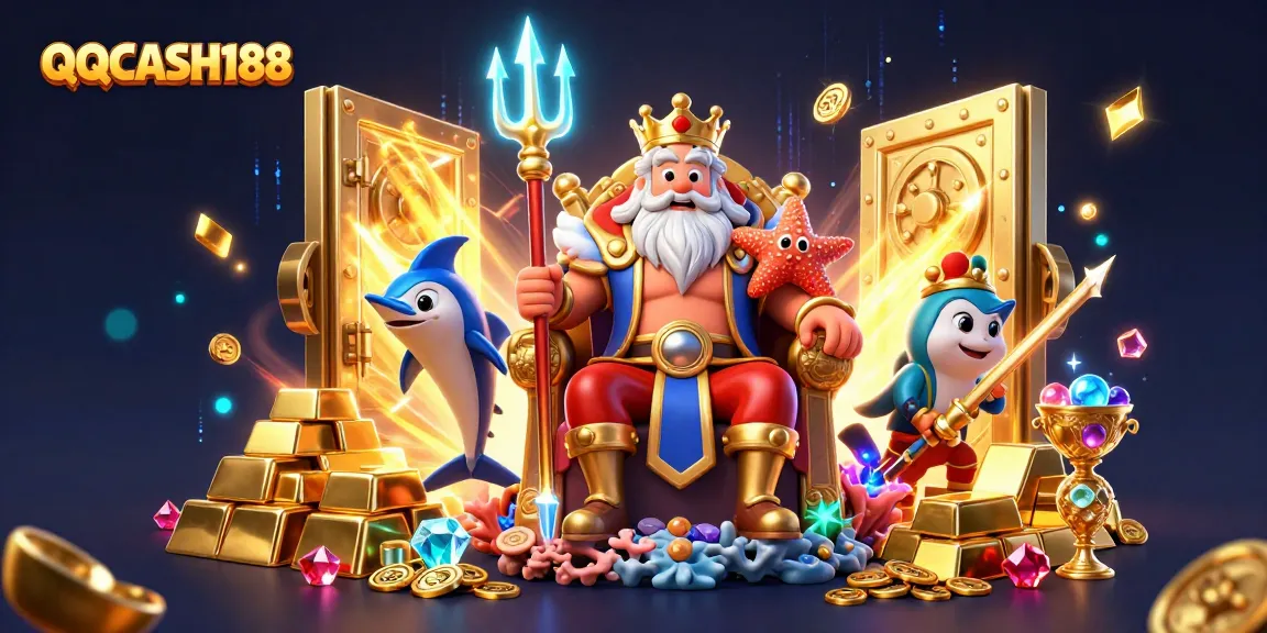 Engage in thrilling gameplay with QQCASH188, a vibrant casino scene featuring Neptune and treasures.