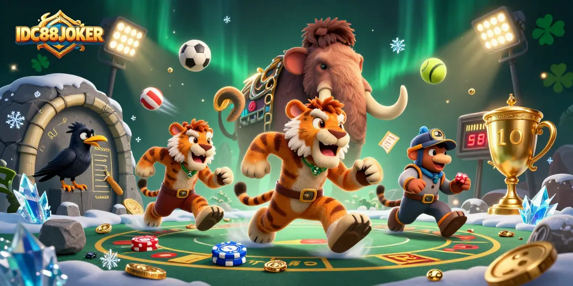 Engage with IDC88JOKER in a vibrant casino scene with historical characters and dynamic game elements.