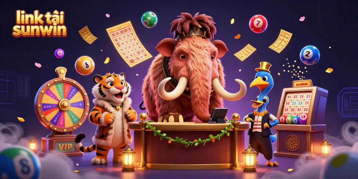 Spin the excitement with link tải sunwin showcasing a vibrant 3D casino scene featuring unique characters and colorful gambling elements.