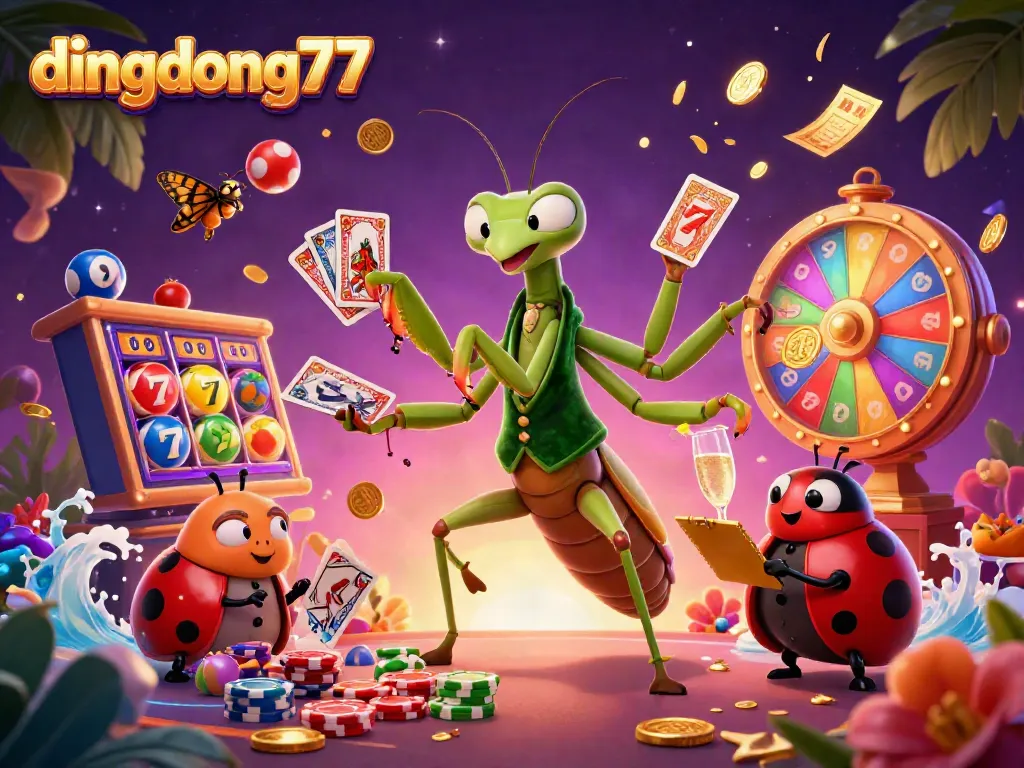 Dingdong77 showcases vibrant slot machines and colorful lottery elements in this captivating gaming scene.