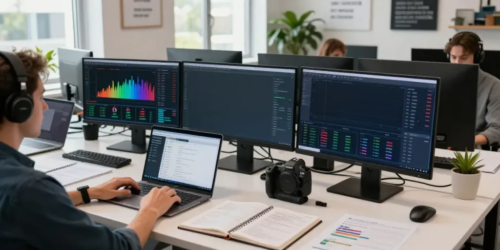 English Kick stream highlighted in a professional crypto trading environment with monitors and digital charts.