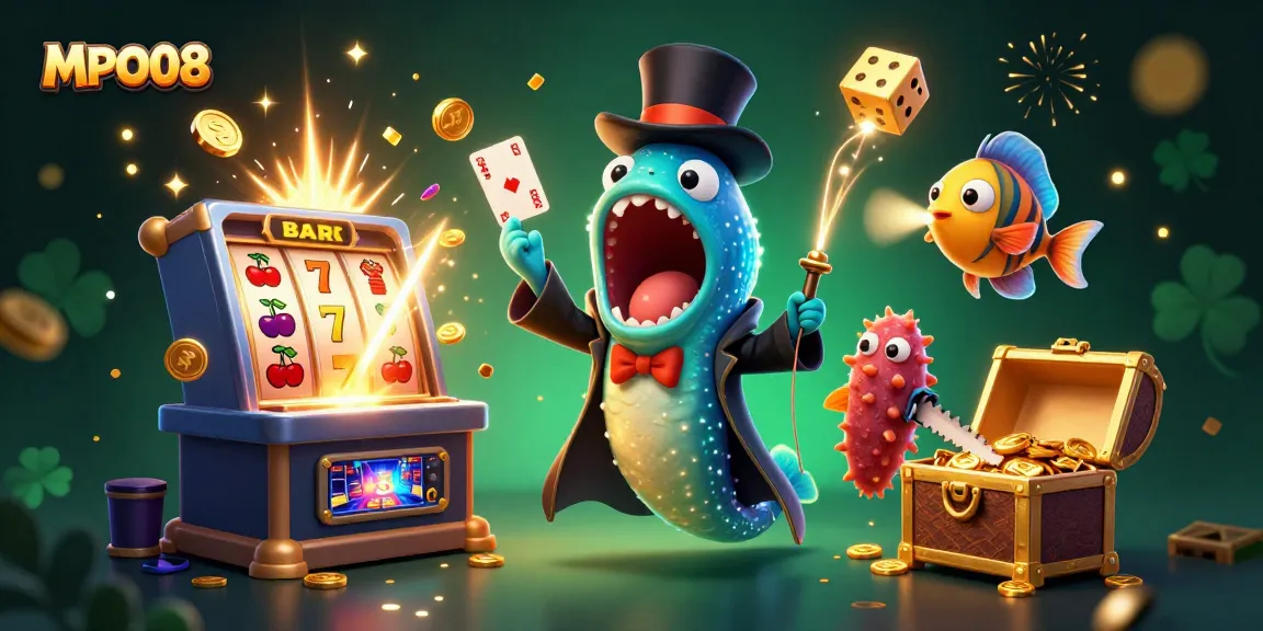 Experience vibrant gaming excitement with MPO08's unique whimsical casino illustration.