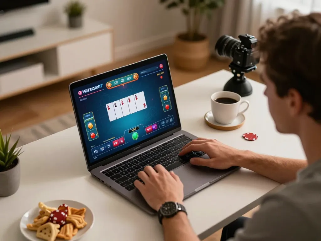 Engaged player strategizing online poker gameplay on vegasslot77 platform from a modern home workspace.