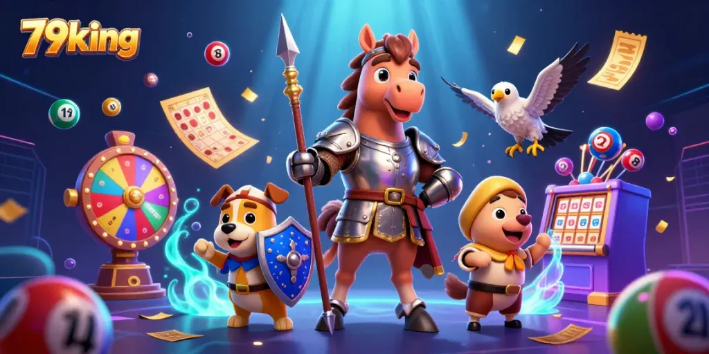 Engaging scene featuring knight and puppy alongside vibrant casino elements representing 79king.