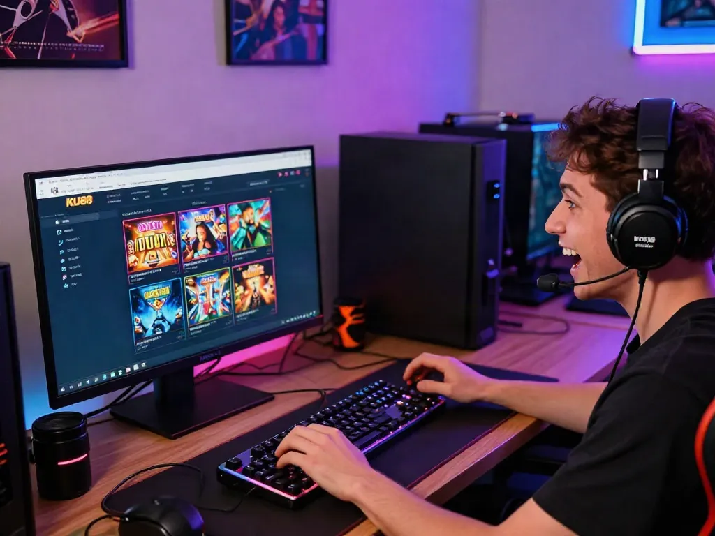 Player enjoying KU88 gaming experience on dual monitors at home.
