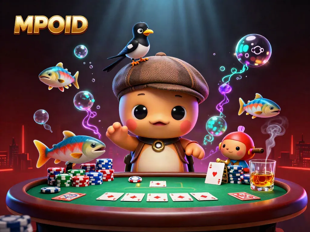 MPOID showcases a vibrant 3D scene with cartoon characters engaging in poker, highlighting advanced gameplay.