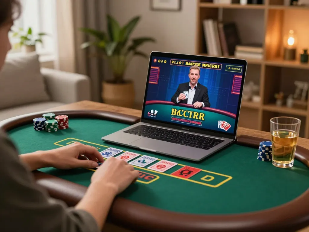 Player enjoying online gambling on UG DEWA, engaging in live Baccarat with warm ambiance