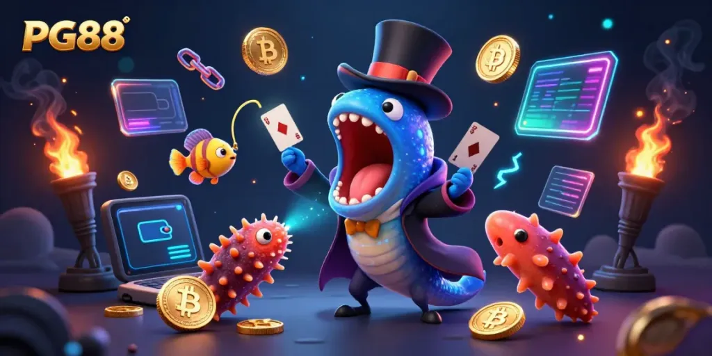 Experience the excitement of PG88 with a magical underwater casino scene featuring animated characters and vibrant crypto elements.