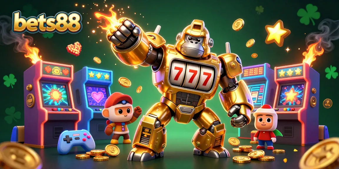 Experience thrilling gaming action at bets88 with a golden gorilla mech and dynamic casino elements.