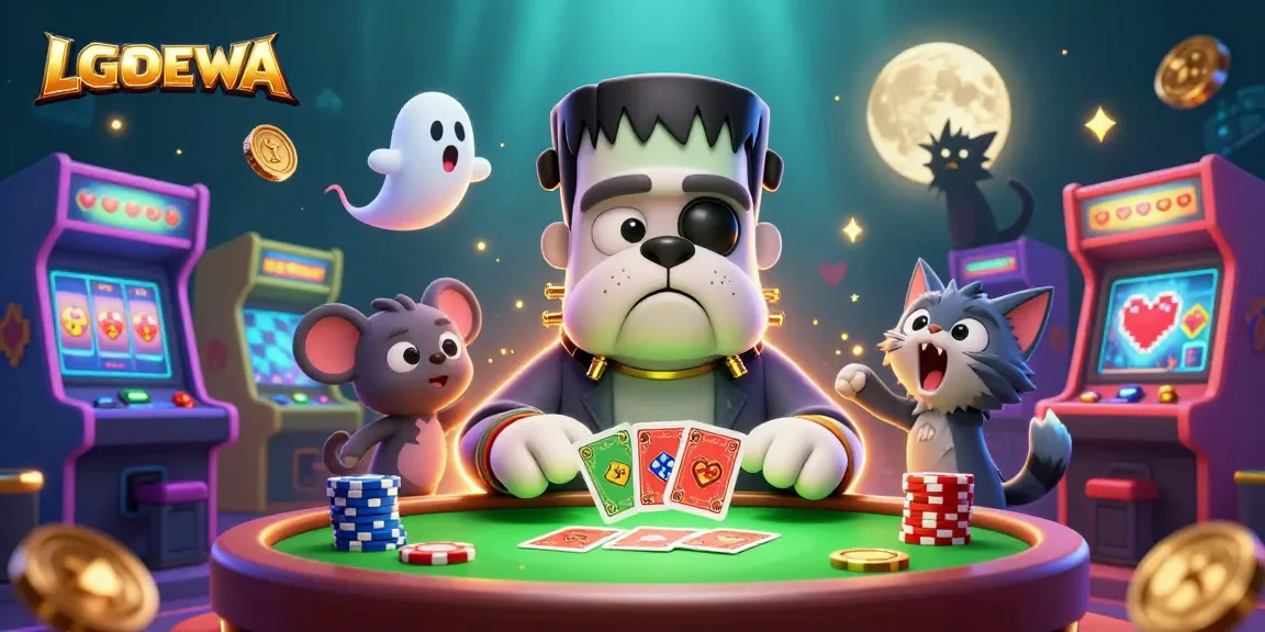 Join the excitement with LGODEWA's vibrant casino scene featuring a Frankenstein bulldog and energetic game elements.