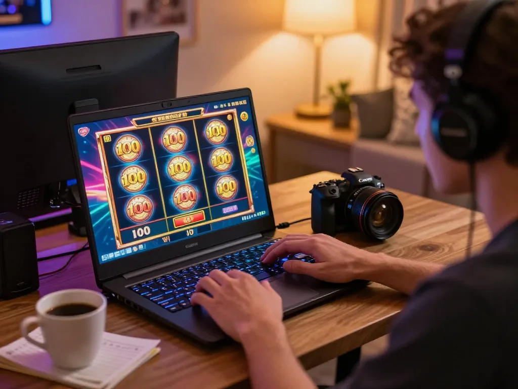 Player engaged with slot bet 100 in vibrant online casino setup, showcasing gaming strategy.