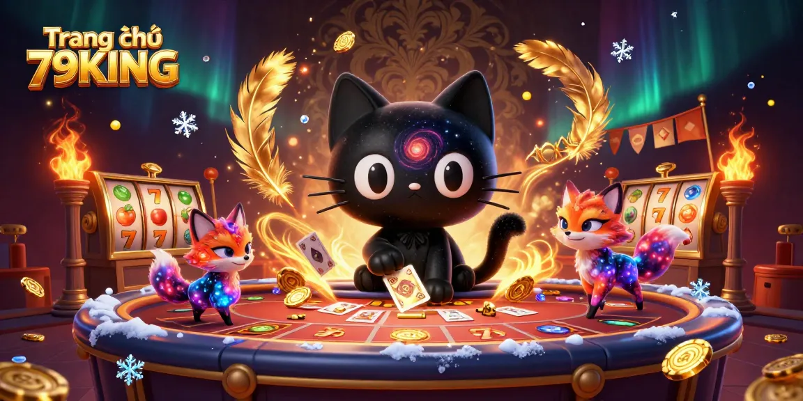 Engage with the cosmic charm of Trang chủ 79KING as a black hole cat draws in chips and cards amid dazzling casino sights.