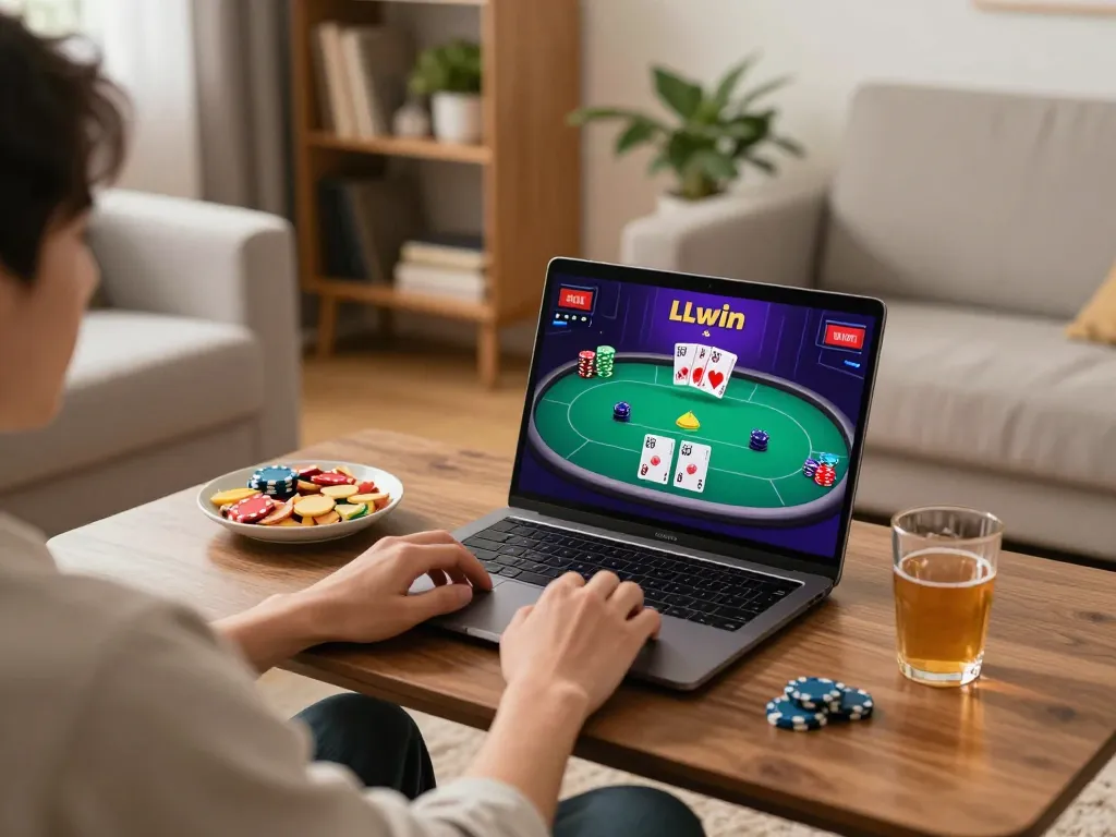 Enjoying a thrilling LLwin online poker game in a cozy home setting with snacks and drinks.