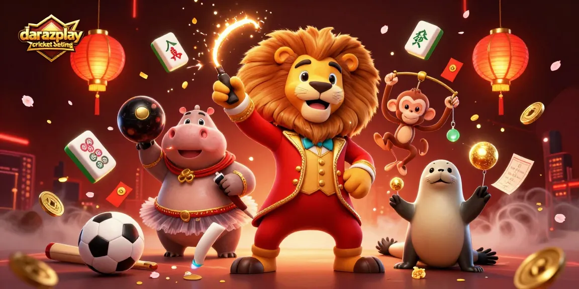 Engage in darazplay cricket betting with a lively scene featuring a circus ringmaster lion and unique gaming elements.