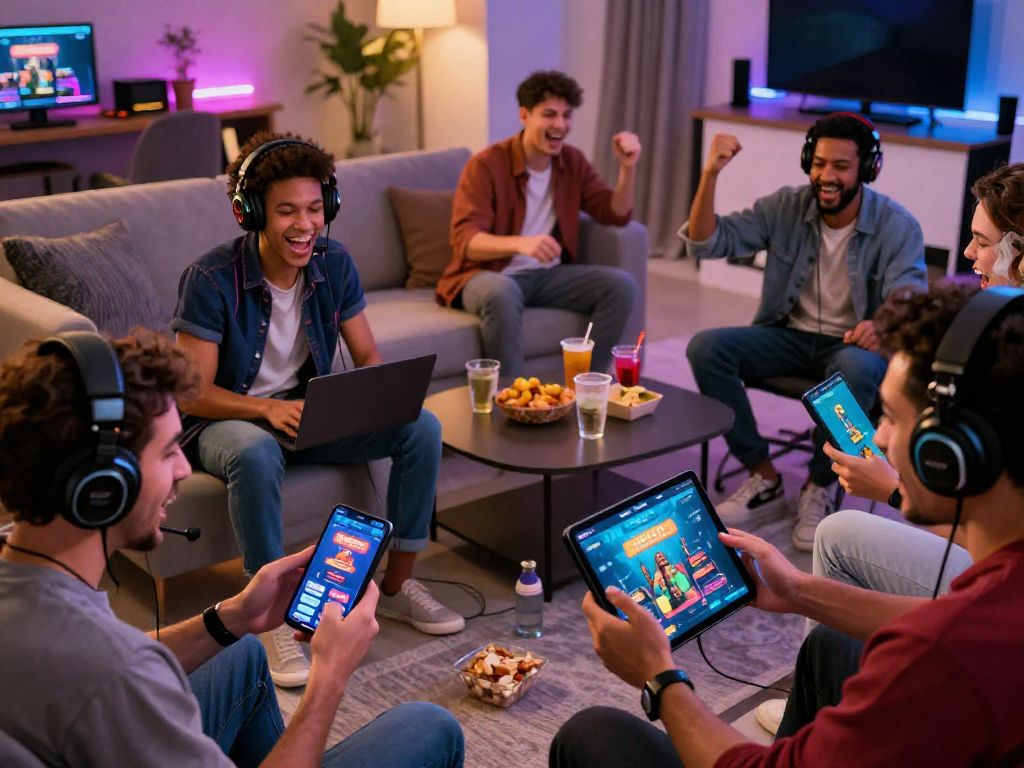 Engaged players using the oxbet app in a lively living room setting.