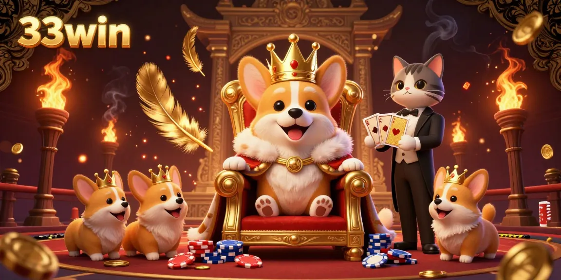 Engage with thrilling 33win casino action featuring royal corgi royalty in a vibrant 3D setting.