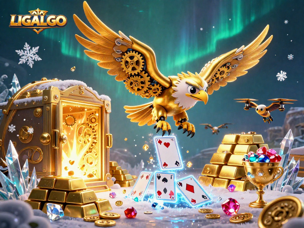 LIGALGO showcases a thrilling scene with a cybernetic eagle soaring among holographic cards, rich with gold and jewels.