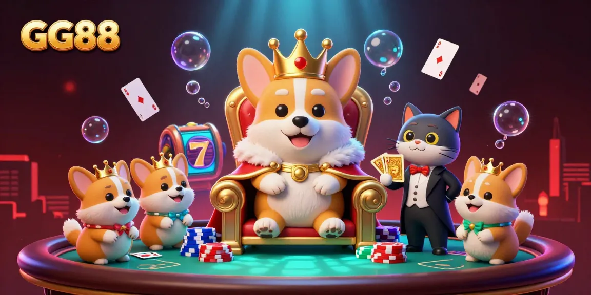 Experience top-tier gaming with GG88 in this vibrant 3D illustration packed with poker and slot elements.