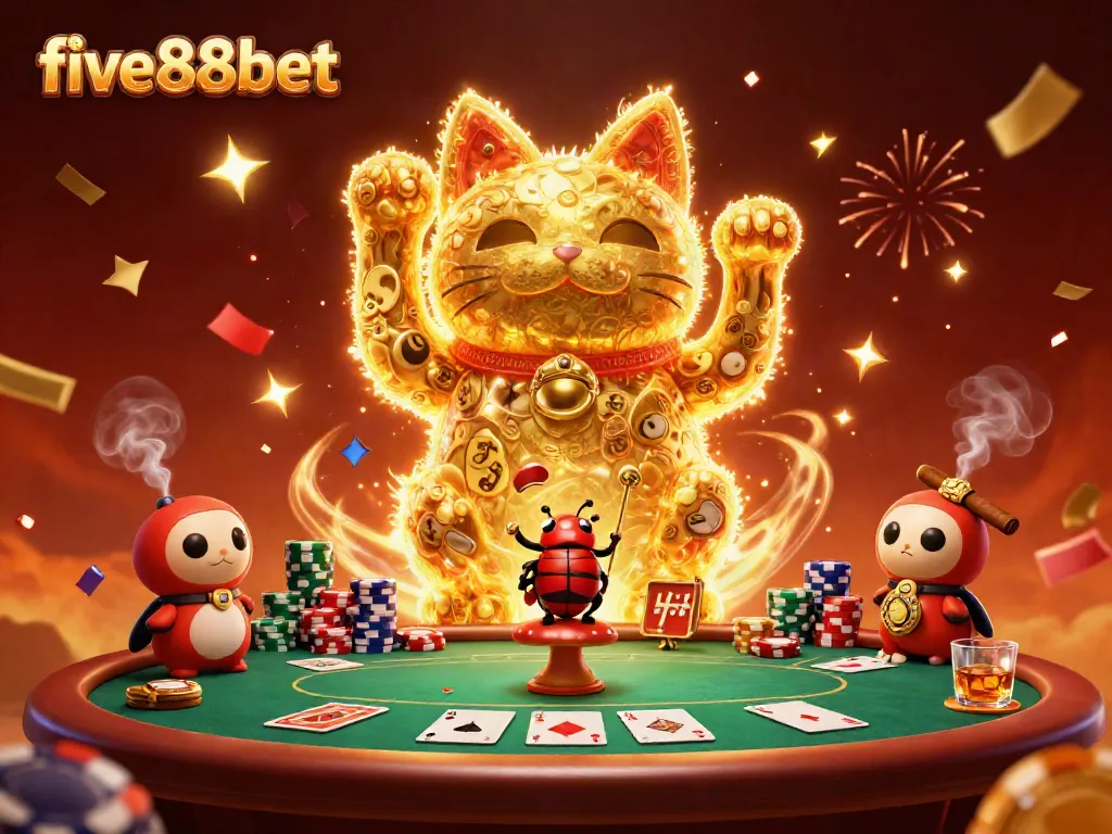 Join the excitement of five88bet with a vibrant 3D illustration of a lucky cat and casino elements.