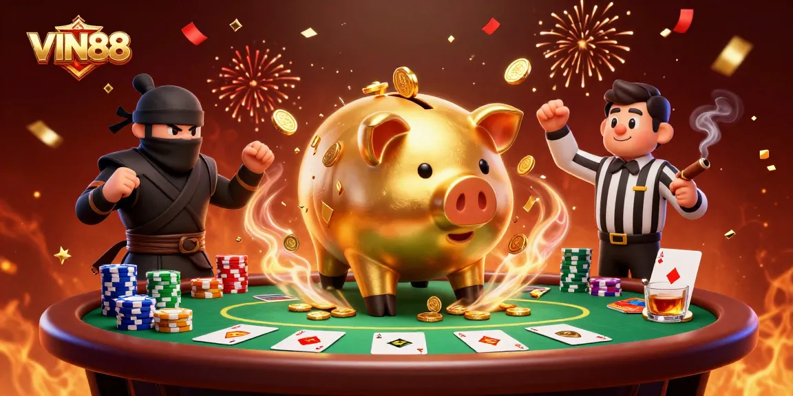 Engage in thrilling gameplay at VIN88 with a dynamic casino scene featuring a piggy bank wrestler and colorful poker elements.