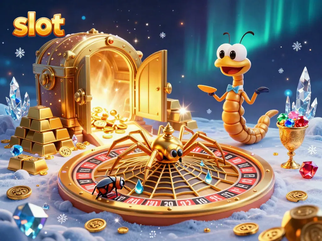 Engaging 3D scene showcasing a spider spinning a roulette wheel web and a nervous fly betting on slots.