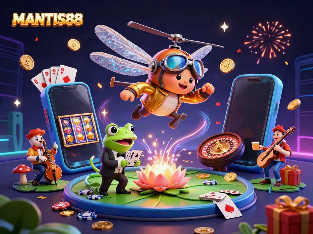 MANTIS88 showcases an exciting casino scene with a dragonfly pilot and frog dealer among vibrant gaming elements.