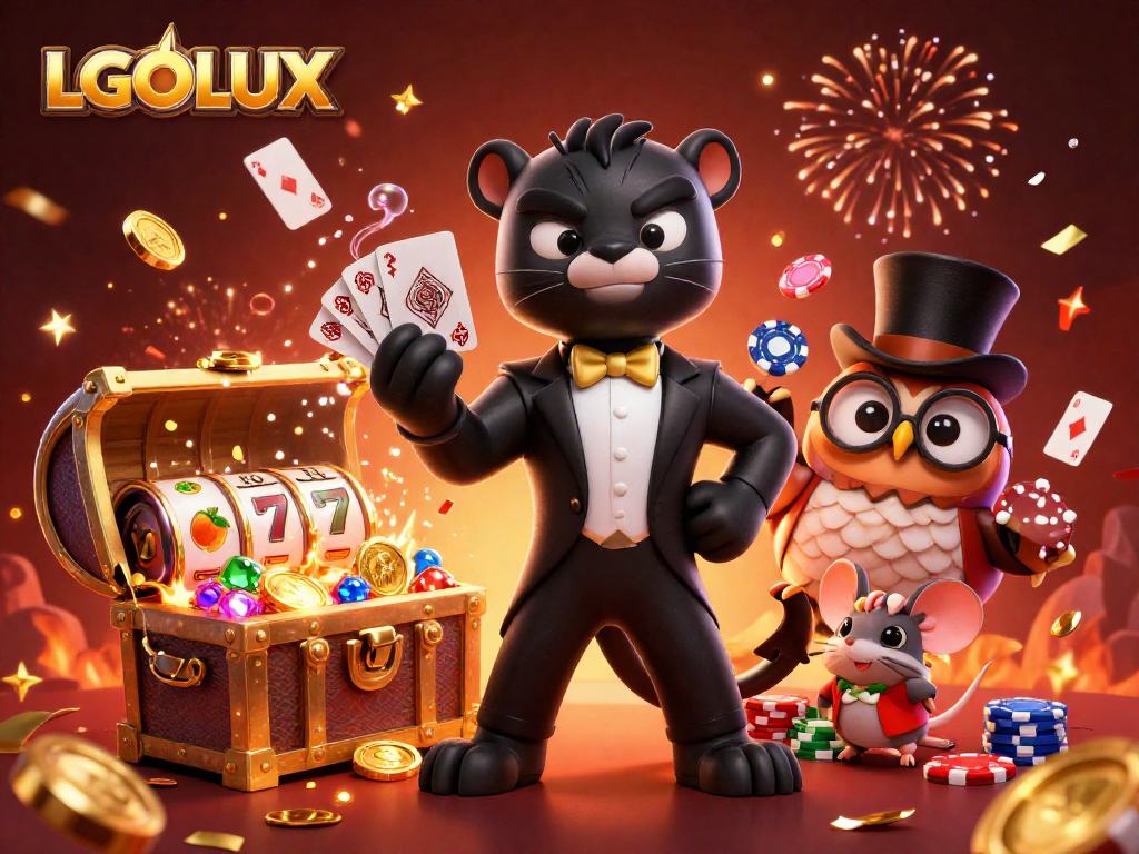 Engaging illustration with LGOLUX showcasing a panther dealing cards, an owl with poker chips, and a lucky mouse amid winning elements.