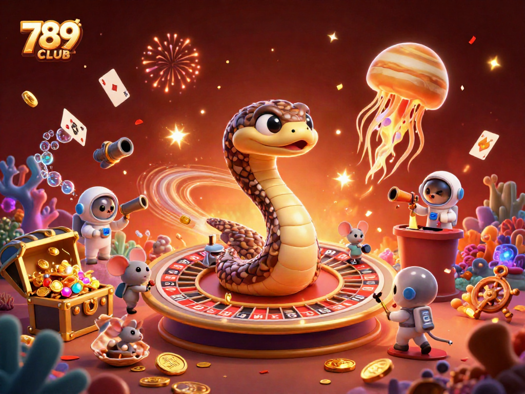 Place bets on 789CLUB with a fun 3D cosmic casino scene featuring roulette and treasure.