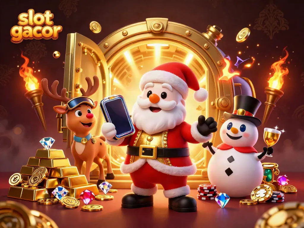 Experience the thrill of slot gacor with Santa, his reindeer dealer, and a poker chip snowman in a vibrant casino setting.