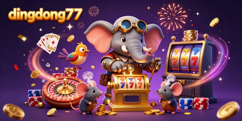 Experience the excitement of dingdong77 casino games with a steampunk elephant engineer amid coins and slot machines.