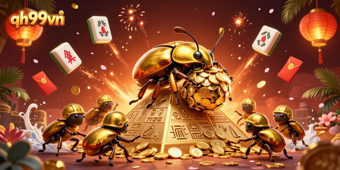 Experience thrilling moments with qh99vn as golden beetles roll coins in a vibrant casino scene.