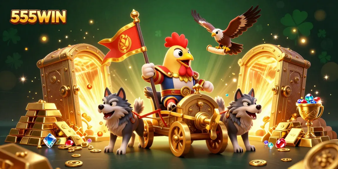 Play slots and win big at 555WIN with a dynamic casino illustration featuring gold and gems.