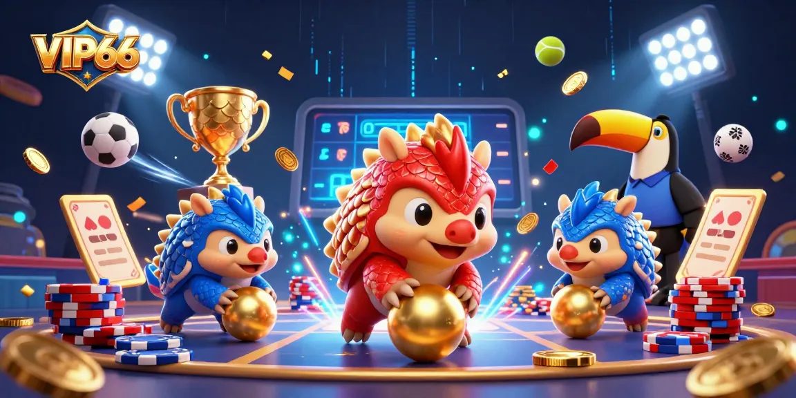 Engage with VIP66's exciting gaming world featuring dynamic pangolin rivals and vibrant casino elements.
