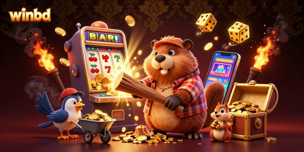 Winbd showcases a vibrant scene with a cartoon beaver celebrating jackpot wins surrounded by casino elements.
