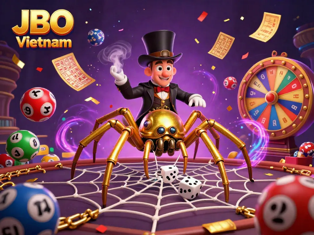 Engage in JBO Vietnam's vibrant lottery scene featuring a golden steampunk spider, colorful balls, and dynamic prizes.