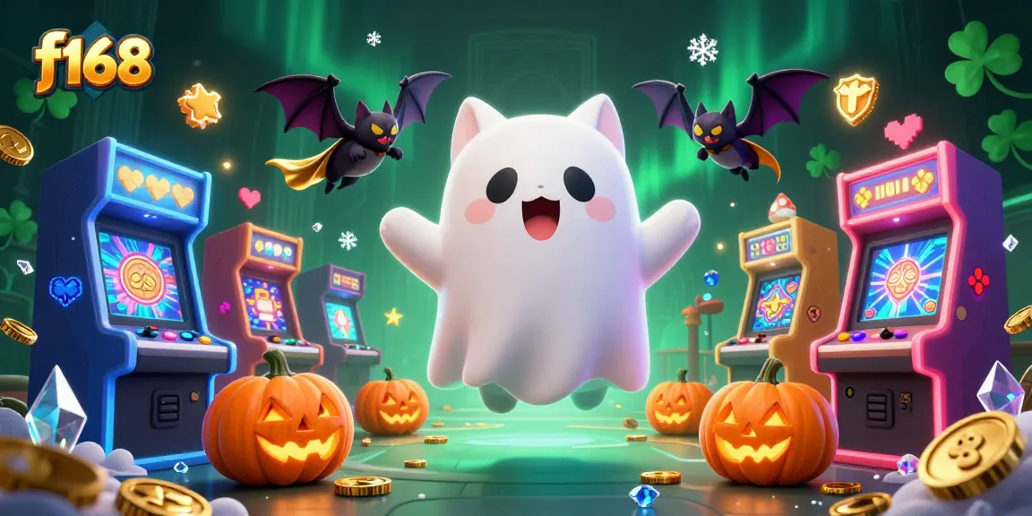 Play exciting games at f168 with friendly ghost cat and vibrant casino elements in this lively scene.