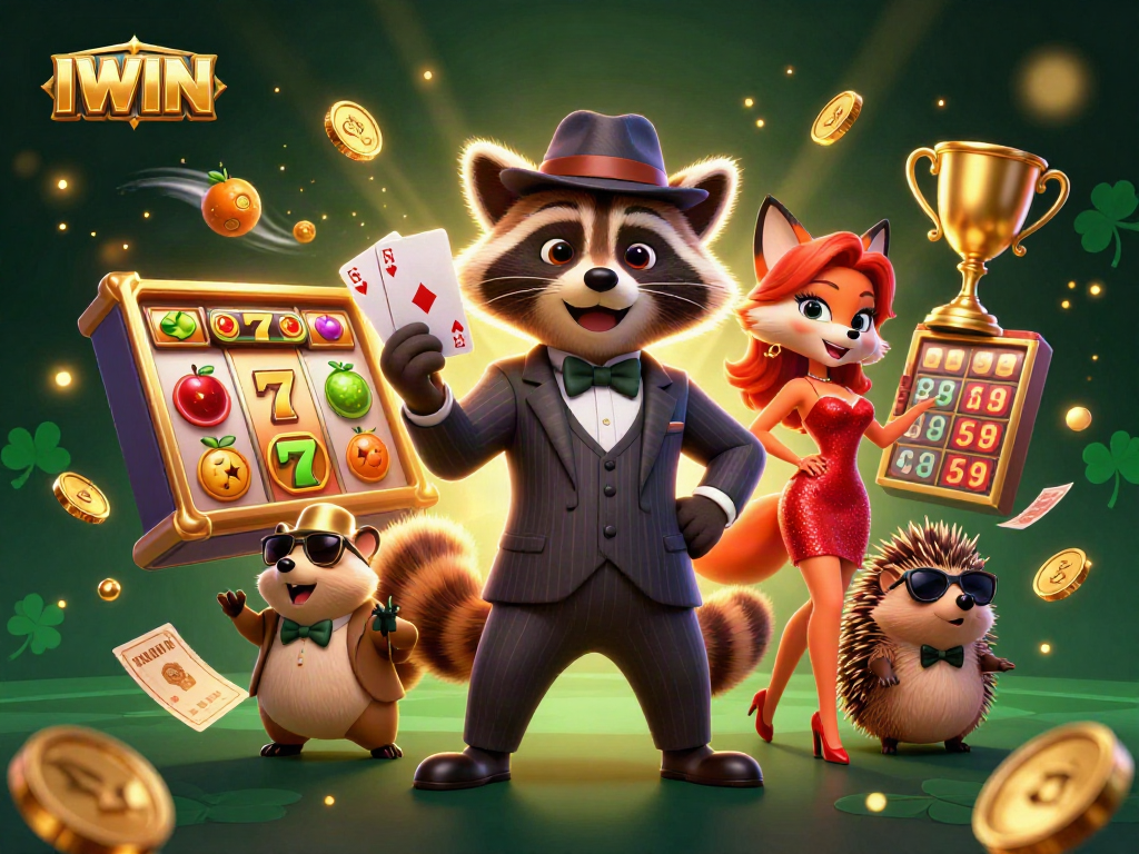 IWIN showcases a raccoon, fox, and hedgehog in a vibrant casino scene filled with slot reels and dazzling elements.