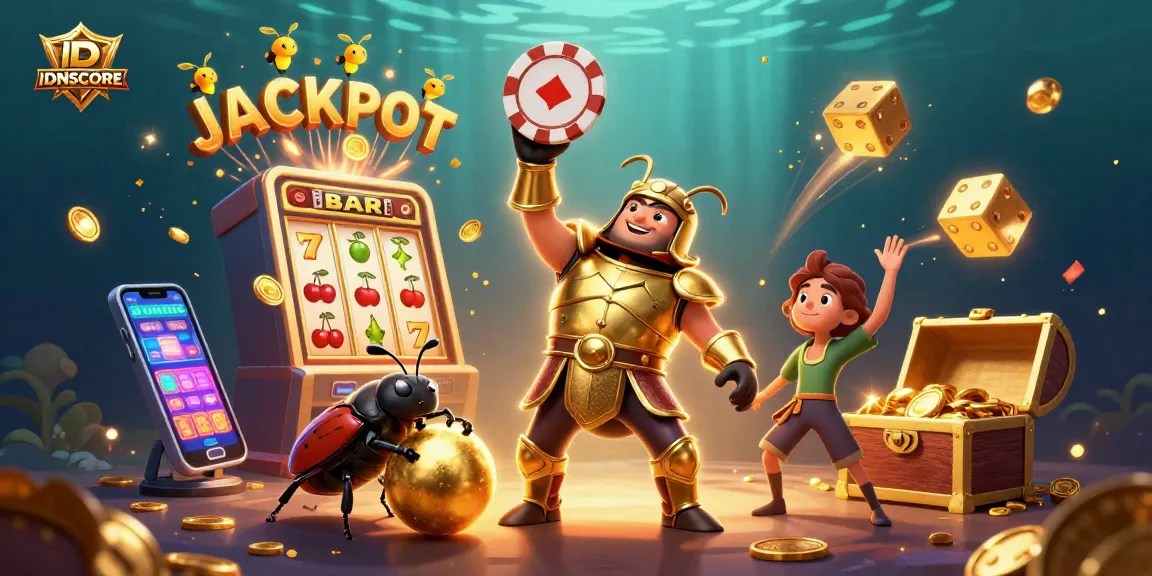 IDNSCORE celebrates wins in a vibrant, detailed casino scene with colorful slot elements.