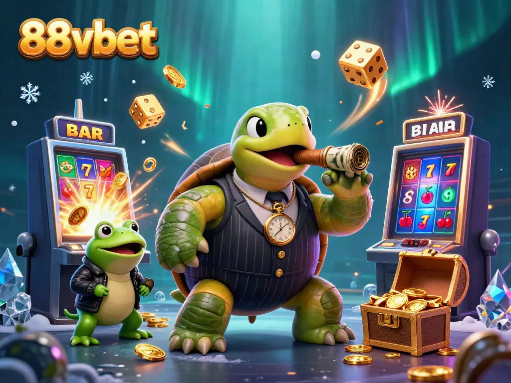 Experience the thrill of 88vbet with an engaging casino scene featuring a snapping turtle in a mobster suit and animated game elements.
