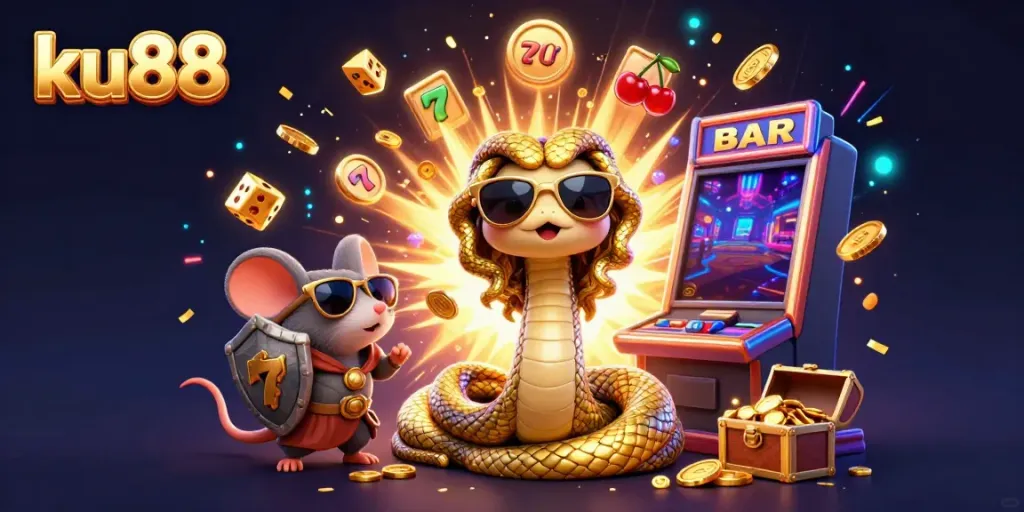 Engage in dynamic gameplay at ku88 with a vibrant, cartoon-style casino scene bursting with excitement.