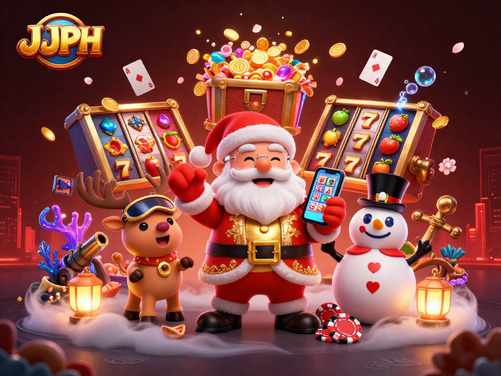 Join JJJPH's festive casino adventure with Santa, his reindeer dealer, and a poker chip snowman.
