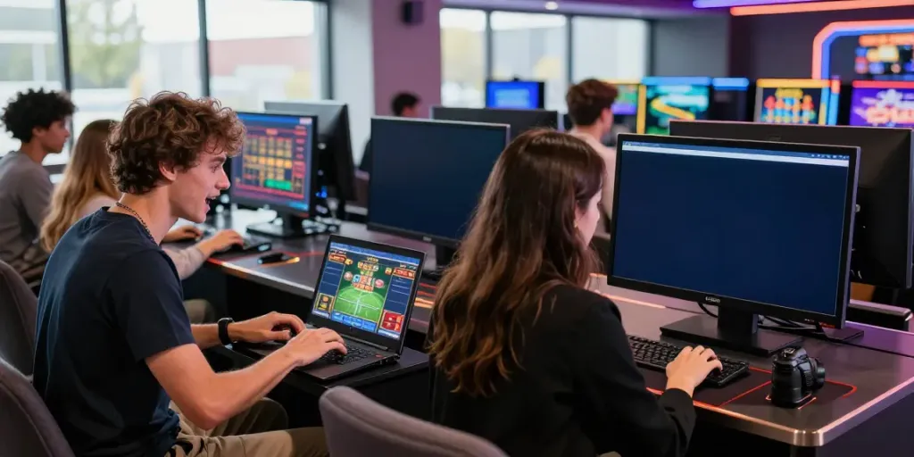 H19 engaging online gaming scene with players excitedly participating in live casino and sports betting.